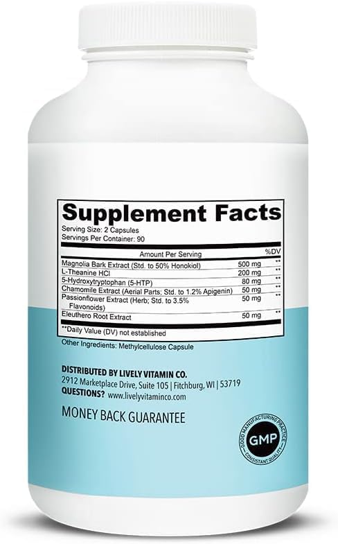 LIVELY VITAMIN CO. Chill Pill - Calm Mood - Relax - Restful Deep Sleep - REM - Stress - Anxiousness - Magnolia Bark - Chamomile - L-Theanine - Passionflower - 5-HTP - 180 Vegan Capsules