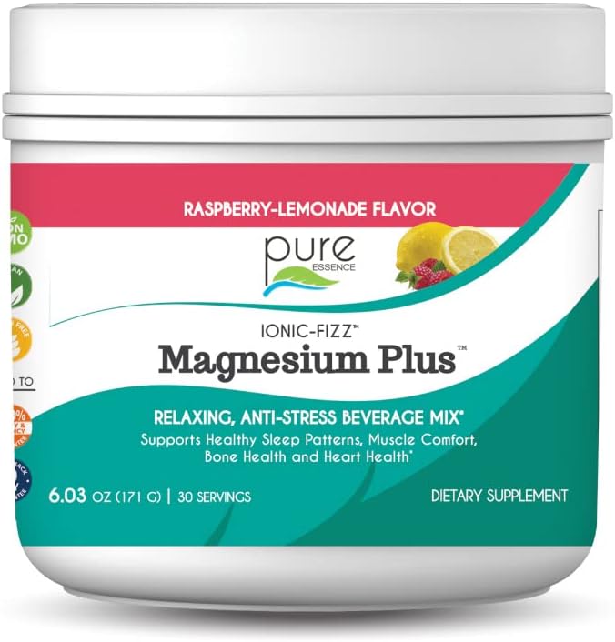 Pure Essence Labs Ionic Fizz Magnesium Plus, Anti-Stress Supplement Drink Powder, Gluten Free and Non-GMO Magnesium Powder (Raspberry Lemonade, 6.03 Ounce (Pack of 1))