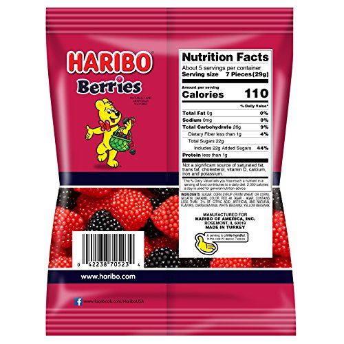 HARIBO Gummi Candy, Berries Gummy Candy, 5 Ounce Share Size Bags (Pack of 12) Delicious Soft & Crunchy, Chewy Sweet Snacks, Red & Black Berry Fruit Flavor