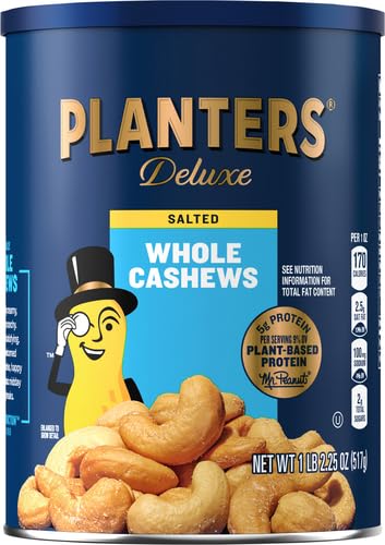 PLANTERS Deluxe Salted Whole Cashews,Party Snacks,Plant-Based Protein,Quick Snack for Adults,After School Snack,Roasted Cashew Flavored with Sea Salt,Bulk Nuts,Kosher,1 lb 2.25oz Canister,(Pack of 4)