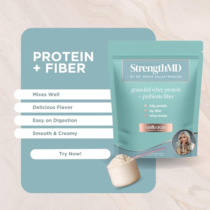 StrengthMD Physician Formulated Protein + Fiber Shake for GLP-1 Support | 24g Protein Grass-Fed Whey, 4g Fiber & Digestive Enzymes, Low Carb, No Added Sugar, Vanilla, 1.72 lb