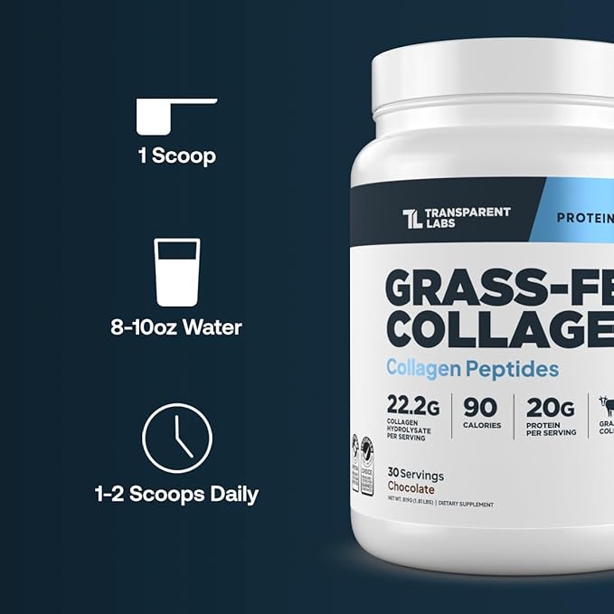 Transparent Labs Grass-Fed Collagen Peptides Powder - Collagen Powder for Women & Men, 22G Bovine Hydrolyzed Collagen Peptides Powder for Skin, Hair, Bones & Muscle Recovery - Chocolate, 30 Servings