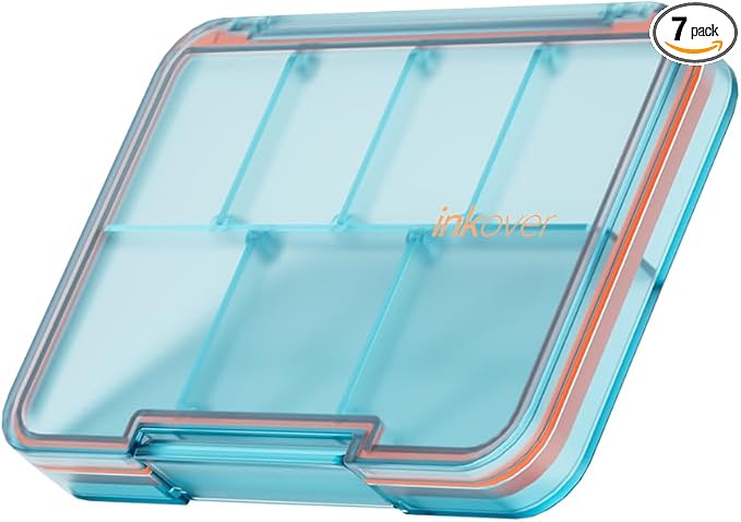 Small Pill Organizer, Waterproof & Portable Pill Case for Daily Travel - Adjustable 7 Compartments Compact Medicine Holder for Vitamins, Pills, Perfect for Purse or Pocket (Blue)