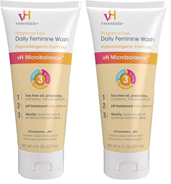 vH essentials Daily Feminine Wash - Fragrance Free, Hypoallergenic with Tea Tree Oil & Prebiotic - For Ph Balance, Intimate Odor Block, Vaginal Health - Gentle Formula Body Care - 6 Fl Oz (Pack of 2)