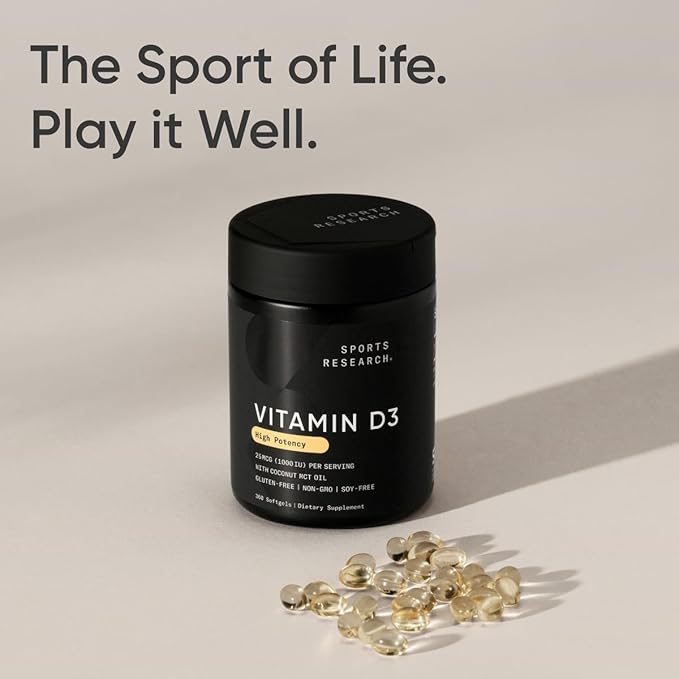 Sports Research® Vitamin D3 1000 IU with Coconut MCT Oil - High Potency Vitamin D Supplement for Immune & Bone Support - Gluten Free · Non-GMO · Soy Free - 360 Count Softgels