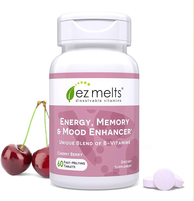 EZ Melts Energy, Memory & Mood Enhancer - B Vitamins Supplement with Vitamin B12, B6, Folate & Biotin - Non-GMO & Vegan - Cherry Berry - 60 Dissolvable Tablets (60 Servings)