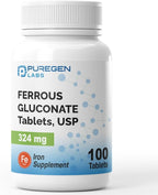Puregen Labs Ferrous Gluconate 324 mg [High Potency] Iron Supplement, Gentle on Stomach - 100 Tablets
