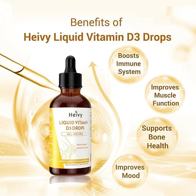 Heivy Liquid Vitamin D Drops 4000 IU (100 mcg), Vitamin D3 for Bone Health Support, Pineapple Flavor Vegan VIT D3 Drops, Made in USA, 60 Servings 2 Fl Oz (60ml)