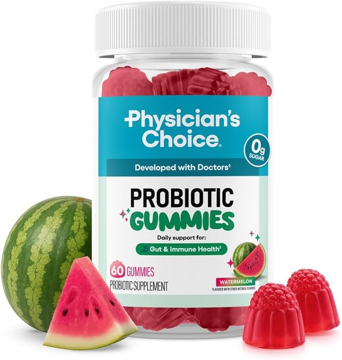 Physician's CHOICE Probiotic Gummies with Vitamin D & Prebiotic Fiber - Sugar Free - 1B CFUs of Clinically Studied Probiotic - Supports Immune & Gut Health for Women & Men - Watermelon Flavor - 60CT