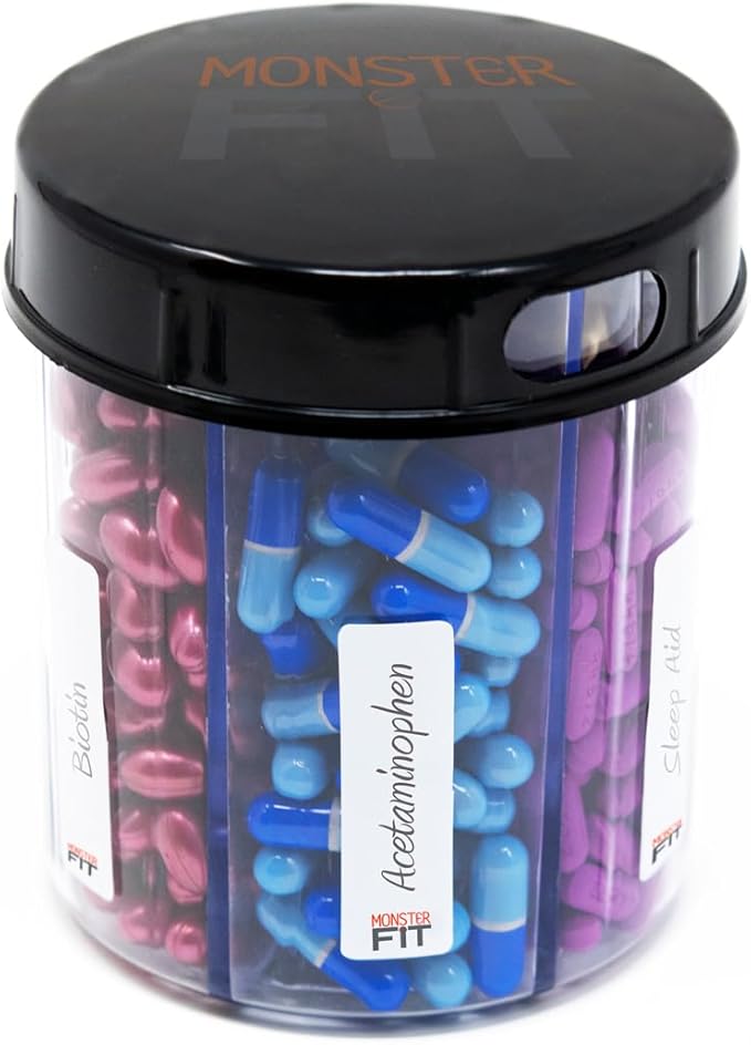 Supplement Pill Dispenser Bottle, 6 Compartment, Labels, Easy Open, Anti-Mixing, Monthly Vitamin Organizer, Monster Fit Jr Medication Holder (Clear, Small)
