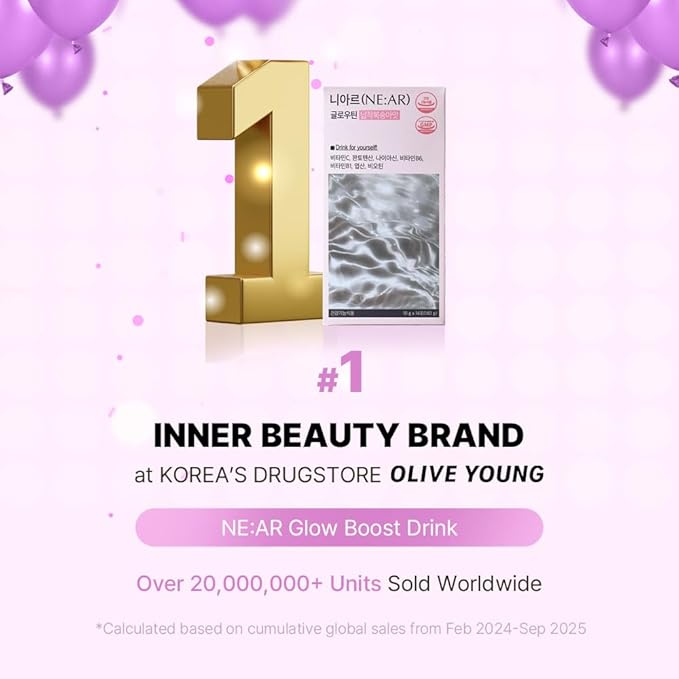 NE:AR Glow Boost Drink – 250mg Pure Glutathione + 500mg Vitamin C – Sugar-Free Beauty Powder for Skin Brightening & Hydration – Refreshing Flat Peach Flavor – Made in Korea