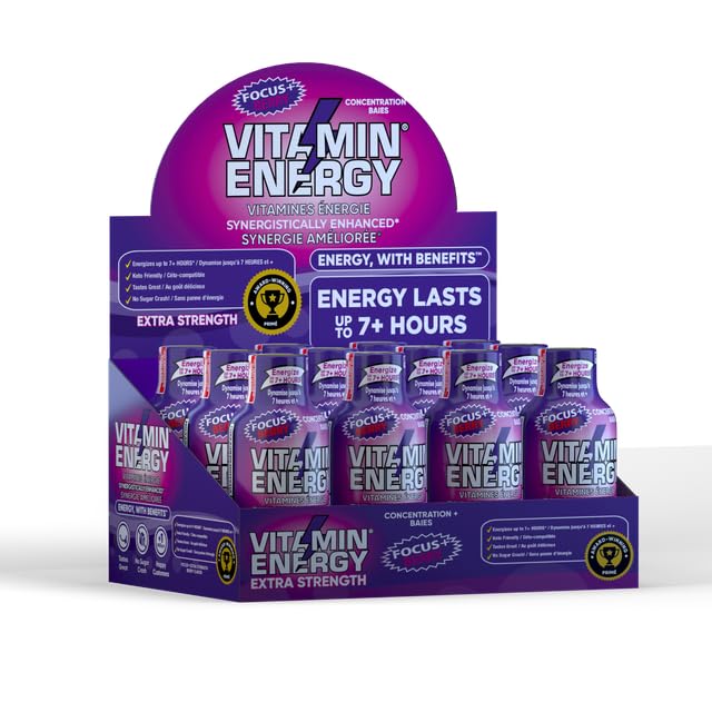 Vitamin Energy Focus+ Extra Strength Energy Shot Berry 12 Pack, 260mg Natural Caffeine, B-Vitamins, CoQ10, Amino Acids, Focus, Productivity & Clarity, Zero Sugar, Gluten-Free, 1.93 fl oz