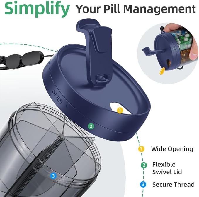 PULIV Portable Pill Dispenser Bottle, Vitamin Organizer with 7 Compartments, Holds Plenty of Supplements with Anti-Mixing & Wide Openings Design, Easy to Retrieve Meds, Includes 20 Labels Silver Gray