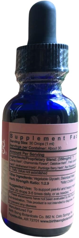 Birth Song Botanicals Menstrual Cycle Support Tincture, Herbal Drops for Healthy Menstruation, Natural Menstrual Care Supplement for Teens and Adults, Period Support 1oz.