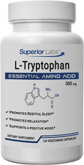 Superior Labs L-Tryptophan 500 mg Capsules, Pure Non-GMO Amino Acid, High Absorption, Supports Sleep and Mood, Helps with Occasional Stress, PMS Support, 120 Veg Caps