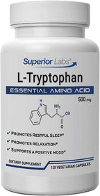 Superior Labs L-Tryptophan 500 mg Capsules, Pure Non-GMO Amino Acid, High Absorption, Supports Sleep and Mood, Helps with Occasional Stress, PMS Support, 120 Veg Caps