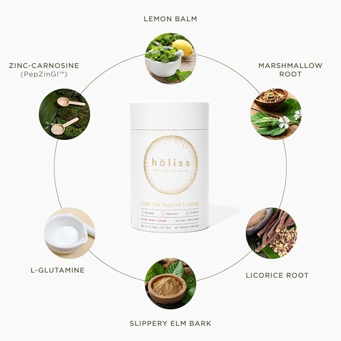 Daily Gut Health Kit – 6-in-1 All Natural Supplement, Bloat & Gas Aid, GI Lining Repair, IBS Support – Lemon Balm, L-Glutamine, PepZinGI, Mixed Berry, 30 Servings, Electric Mixer & Spoon