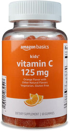 Amazon Basics Kids' Vitamin C 125mg Gummies, Orange Flavor, Soft Chew, 60 Count, Immune Health, Vegetarian, 2 Month Supply (Previously Solimo)