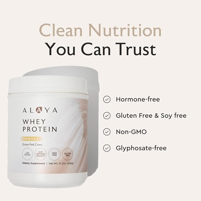 Alaya Naturals - Grass Fed Whey Protein Powder - Vanilla Flavor, All Natural, Hormone Free - 20g Protein per Serving - Non-GMO, rBGH Free, Gluten Free - Great Source of BCAA