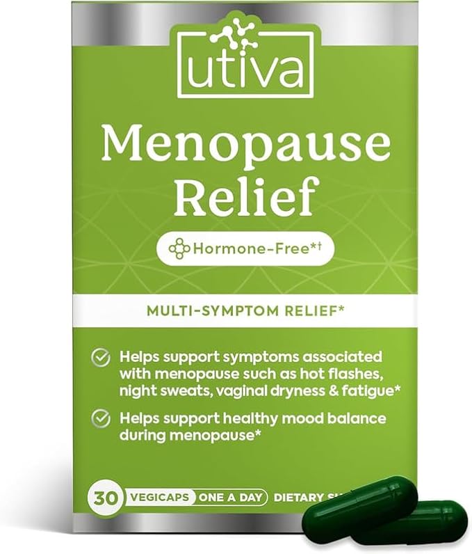 UTIVA Menopause Relief | Hormone-Free Menopause Support | Natural Multi-Symptom Relief | Helps Reduce Hot Flashes & Night Sweats | Mood Balance & Joint Support | Estrogen Free, 30 Vegi Capsules