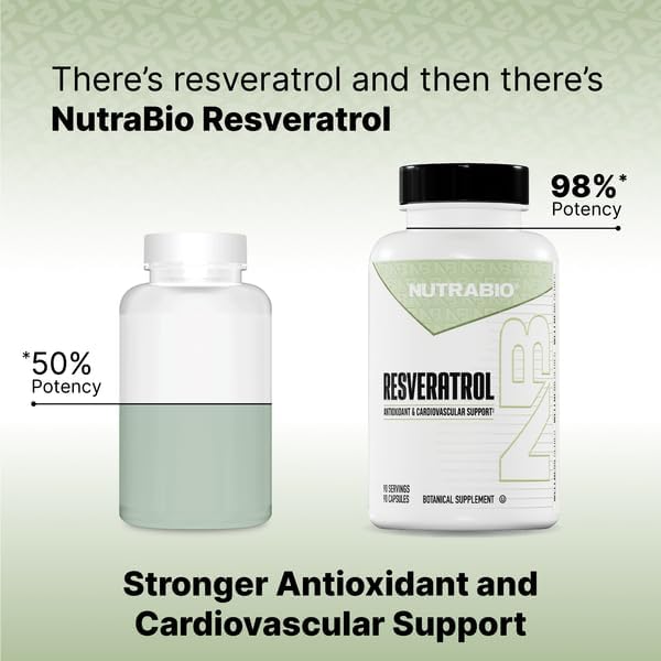 NutraBio 98% Pure Resveratrol Supplement 500mg - Standardized to 490mg Trans Resveratrol, Heart Health and Antioxidant Defense - 90 Capsules