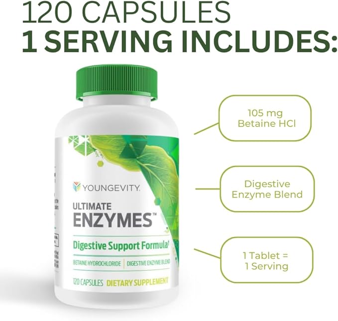 Youngevity Ultimate Enzymes® - Multi Enzymes for Digestion, Gas & Bloating Relief - Betaine HCl, Ox Bile, Pancreatine 10X, Papain 6M, Pepsin 1:3000 (120 Capsules - 4 Pack)