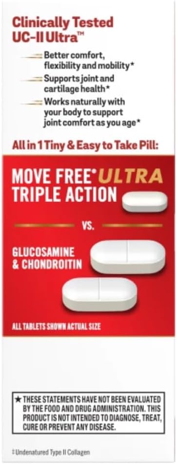 Move Free Ultra 3X Triple Action Type II Collagen and Boron Joint Support Supplement, Supports Cartilage & Bones in 1 Tiny Pill Per Day, 30 Tablets/30 Servings (3 Pack)