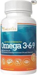 Triple Strength Omega 3-6-9 Fish Oil, Flaxseed & Evening Primrose Oil, 2000mg EPA & DHA (200 Softgels)