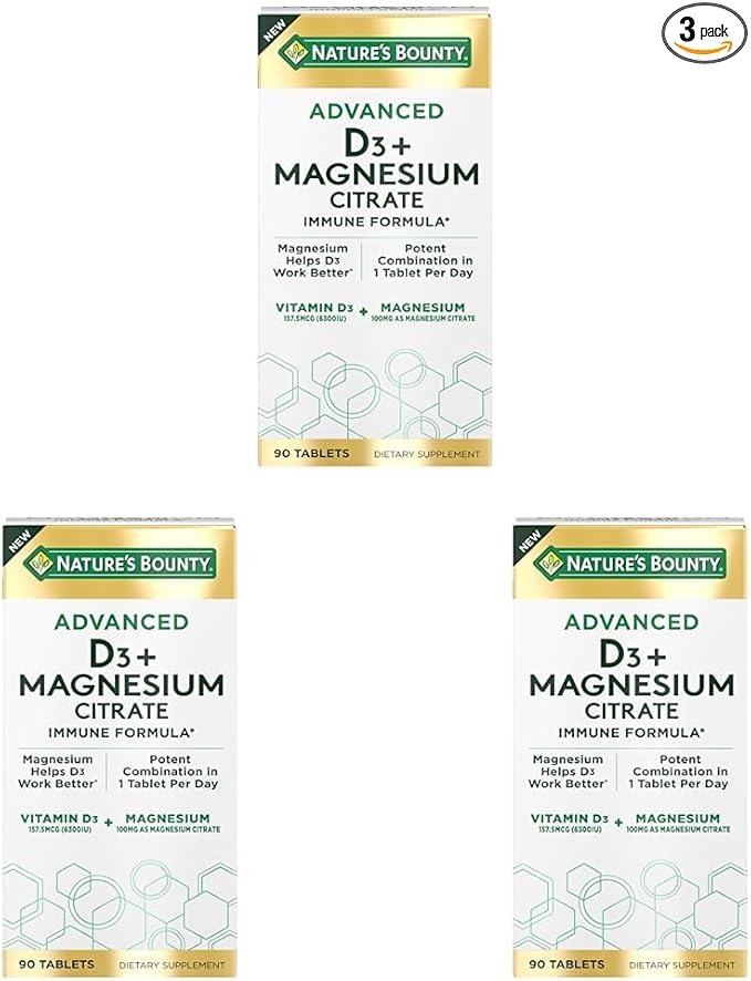 Nature's Bounty Advanced Vitamin D3 with Magnesium Citrate Immune Formula, Supports Immune and Bone Health, 90 Tablets (Pack of 3)