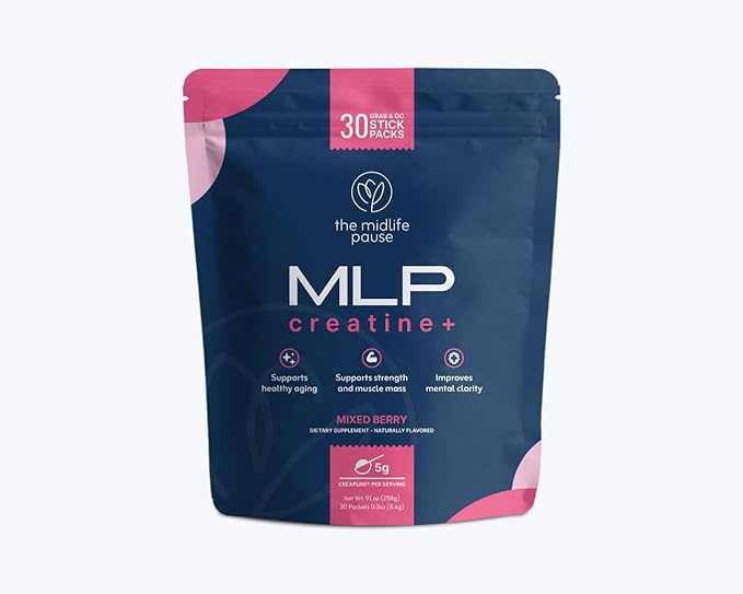 Midlife Pause MLP Creatine +, Creapure Creatine Powder, Mixed Berry 30 Servings, Stick Packs, 5g per Serving, Alpha GPC + B Vitamins Supports Strength, Lean Muscle, & Recovery for Women