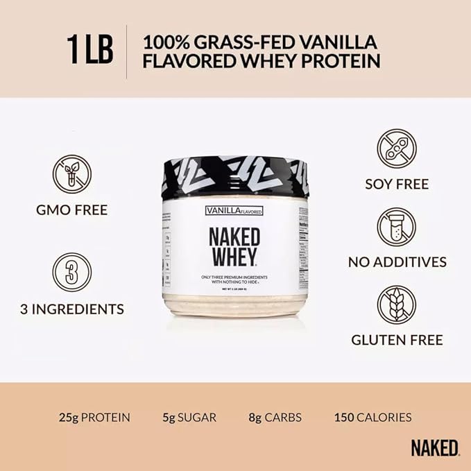 NAKED Vanilla Whey Protein 1Lb, Only 3 Ingredients, All Natural Grass Fed Whey Protein Powder + Vanilla + Coconut Sugar - NSF Certified, GMO-Free, Soy Free, Gluten Free. Aid Muscle Growth, 12 Servings