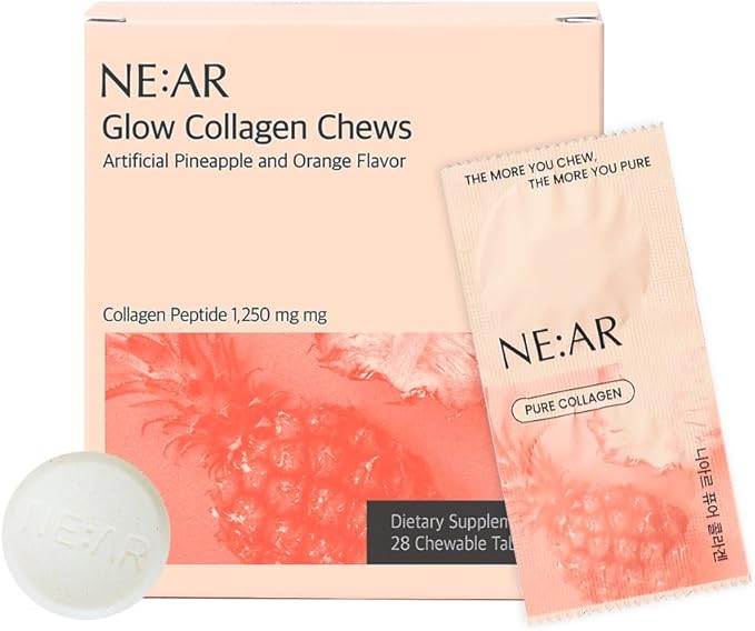 NE:AR Glow Collagen Chews – 2 500mg Peptides with Hyaluronic Acid & Vitamin C Tasty Easy Daily Support for Skin Hair Nails Pineapple Flavor