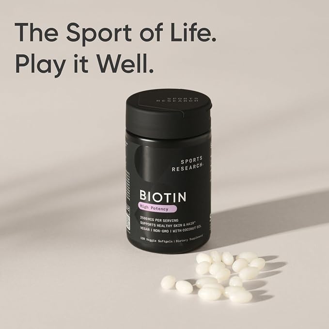 Sports Research® Biotin 2,500mcg with Organic Coconut Oil - Biotin (Vitamin B7) for Healthy Skin and Hair Support* - for Women and Men - Vegan, Non-GMO, Gluten & Soy-Free - 120 Veggie Softgels