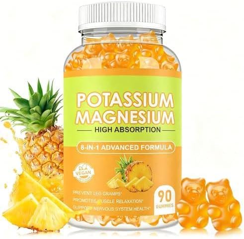 Potassium Magnesium Gummies,High Absorption Magnesium Glycinate,B6,D3,Potassium Citrate for Electrolyte Balance, Muscle Health and Relieve Leg Cramps Support, 60 Count Pineapple