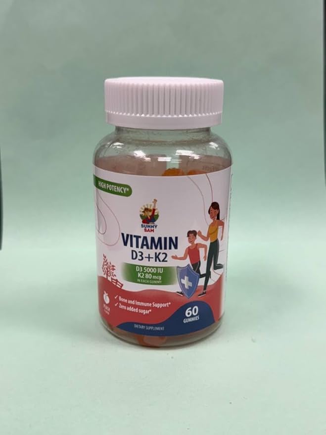 SUNNY SAM Sugar-Free Vitamin D3 K2 Gummies 5000 IU - Immune & Bone Support - Vitamin D Gummy Supplement for Adults - High-Absorption, Vegan, Halal, Gluten-Free Chewable Vitamins - 120 Count