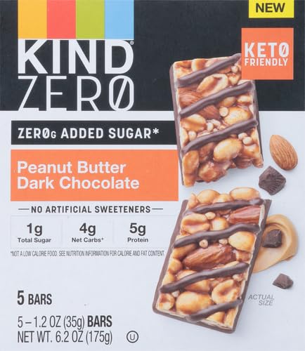 KIND ZERO Added Sugar Bars, Peanut Butter Dark Chocolate, Keto Friendly Snacks, Gluten Free, 5g Protein, 5 Count (Pack of 2)