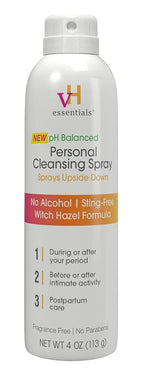 vH essentials Personal Cleansing Spray, pH Balancing Lactic Acid, Sting-Free, Witch Hazel Formula, Fragrance free, Paraben free, Sprays upside down for easy external intimate cleansing, 4 floz