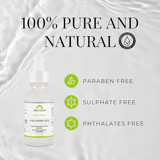 Skin Deva 100% Pure Hyaluronic Acid Serum for Face – Hydrating Facial Serum to Help Plump and Smooth the Appearance of Fine Lines – Lightweight Moisture Boost for All Skin Types – Pack of 2