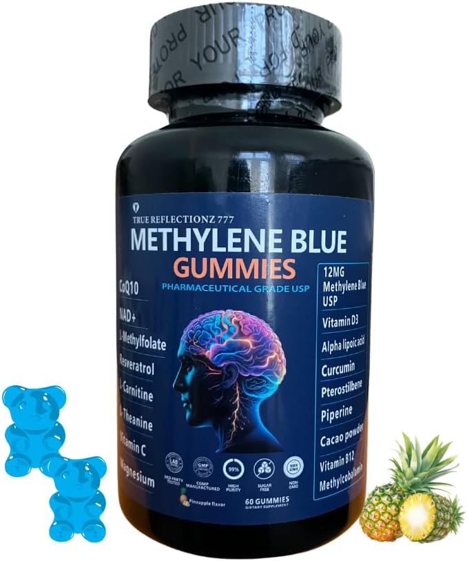 Methylene Blue Gummies 12mg Made in USA Cognitive Support w/Added Vitamin C, NAD,L Methylfolate, Methylcobalamin b12, Mitochondrial Support, Brain Health & Focus, Clarity, methylated Vitamins