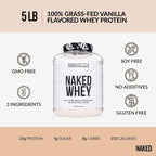 NAKED Vanilla Whey Protein Powder - All Natural Grass Fed Whey Protein Powder, Vanilla Flavor, Organic Coconut Sugar, 5Lb Bulk, GMO-Free, Soy Free, Gluten Free - 61 Servings