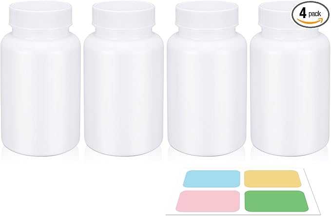 White Pill Bottle, Empty Medicine Bottles with Screw Caps for Pills Capsules Vitamins, Food Grade Plastic Medicine Containers with Labels for Travel (6.7oz/200ml, 4 Pcs)