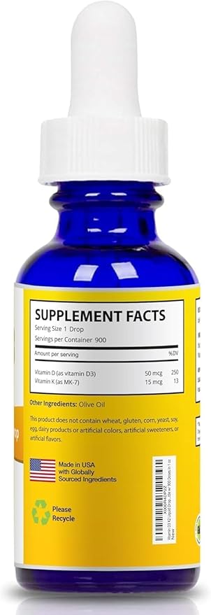 Vitamin D3 K2 Liquid Drops - Liquid Vitamin-D3 2000 IU Per Drop with K2 Supplements for Adults & Kids - Vitamin D K2 MK7 for Healthy Bones, Heart & Immune - 1 Oz Dropper + 900 Days Supply