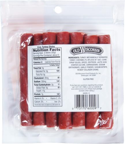Old Wisconsin Turkey Sausage Snack Sticks, Naturally Smoked, Ready to Eat, High Protein, Low Carb, Keto, Gluten Free, 6 Ounce Resealable Package (Pack of 4)