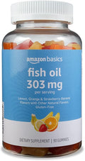 Amazon Basics Fish Oil 303 mg, Soft Chew Gummies, Lemon, Orange & Strawberry-Banana Flavors, 90 Count, EPA and DHA Omega-3 Fatty Acids (Previously Solimo)