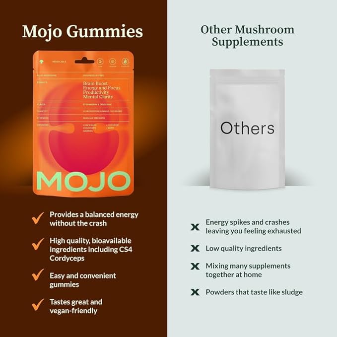 Mojo Focus Gummies with Lion’s Mane, Panax Ginseng, Ginger Root & Cordyceps, Brain Supplement for Memory and Focus, Nootropic Mushroom Gummies for Adults, Vegan Strawberry Tangerine, 3 Pack