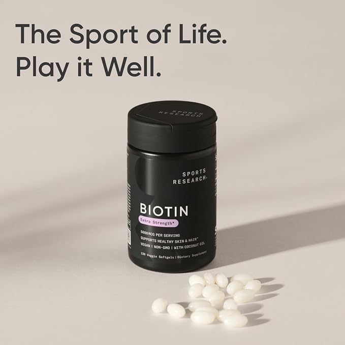 Sports Research® Biotin 5,000mcg with Organic Coconut Oil - Biotin (Vitamin B7) for Healthy Skin and Hair Support* - for Women and Men - Vegan, Non-GMO, Gluten & Soy-Free - 120 Veggie Softgels
