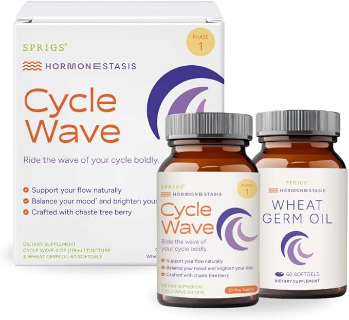 SPRIGS Cycle Wave Phase 1 Hormonal Support Kit for Tween Girls | Supplements to Promote a Healthy Menstrual Cycle & Balance Mood | 120 Herbal Capsules & 60 Wheat Germ Oil Softgels for a 30 Day Supply