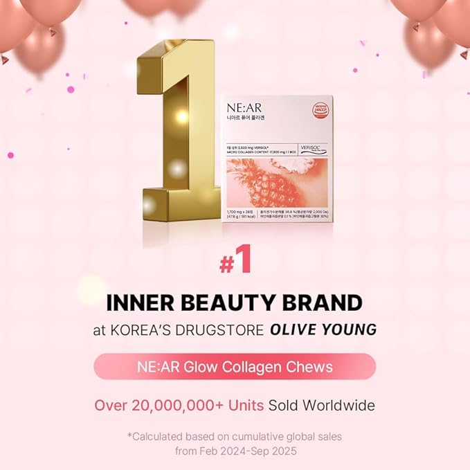 NE:AR Glow Collagen Chews – 2 500mg Peptides with Hyaluronic Acid & Vitamin C Tasty Easy Daily Support for Skin Hair Nails Pineapple Flavor