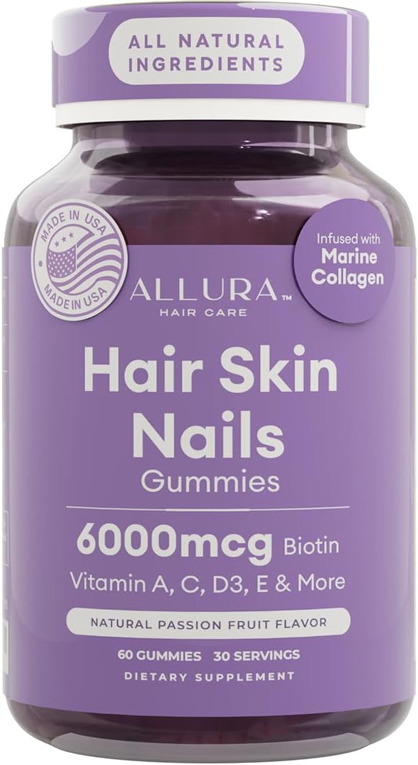 Hair Skin and Nails Vitamins for Women – Extra Strength 6000mcg Biotin Hair Gummies with Marine Collagen, Vitamin E, A, C & PABA for Hair Growth, Healthy Skin & Nails – Made in US, Passion Fruit, 60ct