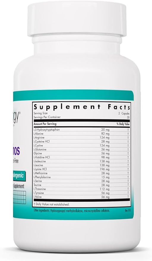 Nutricology Free Aminos Supplement - Essential Amino Acids Complex, Lean Muscle Mass Support, Vegetarian Capsules - 100 Count